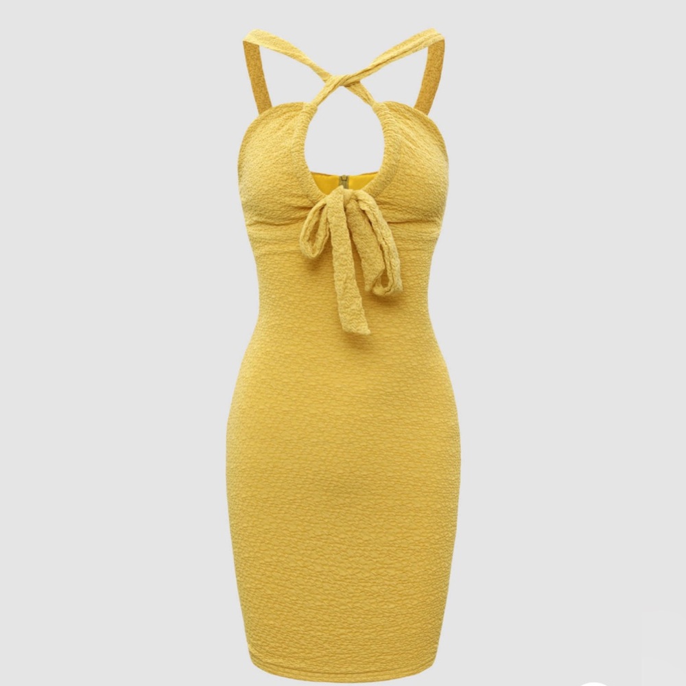 Goldenrod yellow sexy halter tie mini dress summer fall autumn keyhole gold